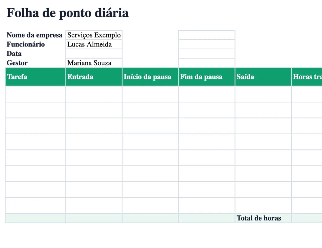 Prévia do modelo diário de folha de ponto em Excel