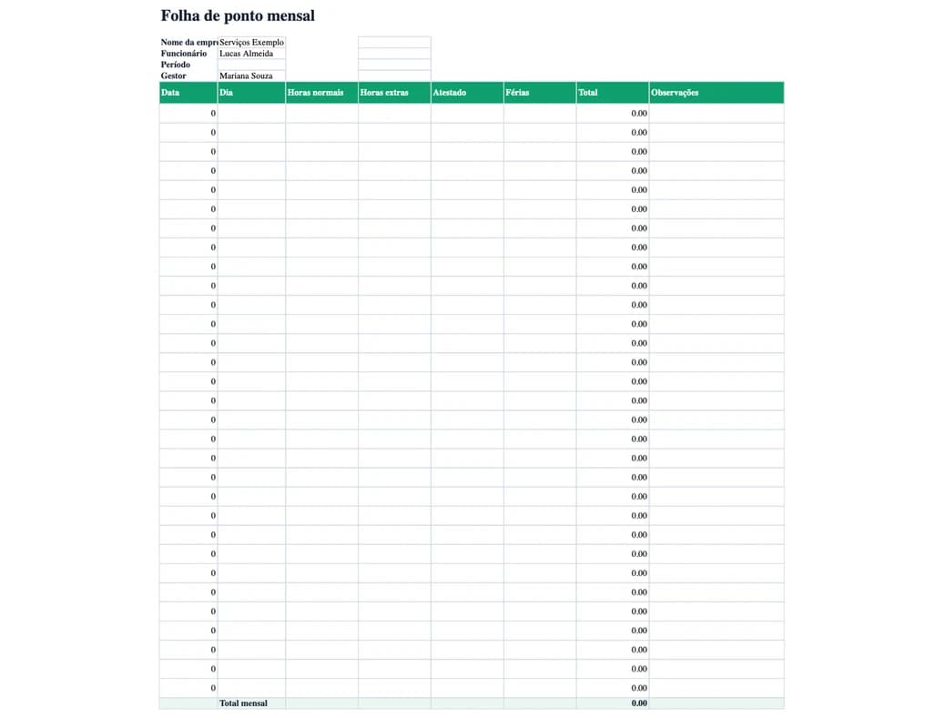 Prévia do modelo mensal de folha de ponto em Excel