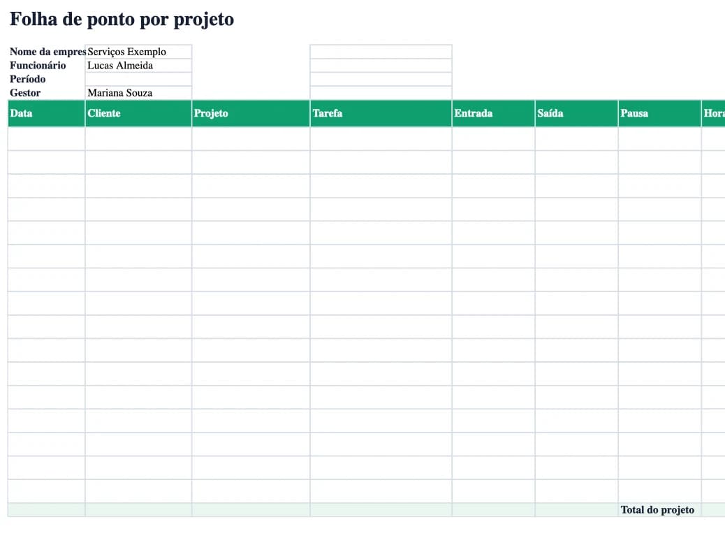 Prévia da folha de ponto por projeto em Excel