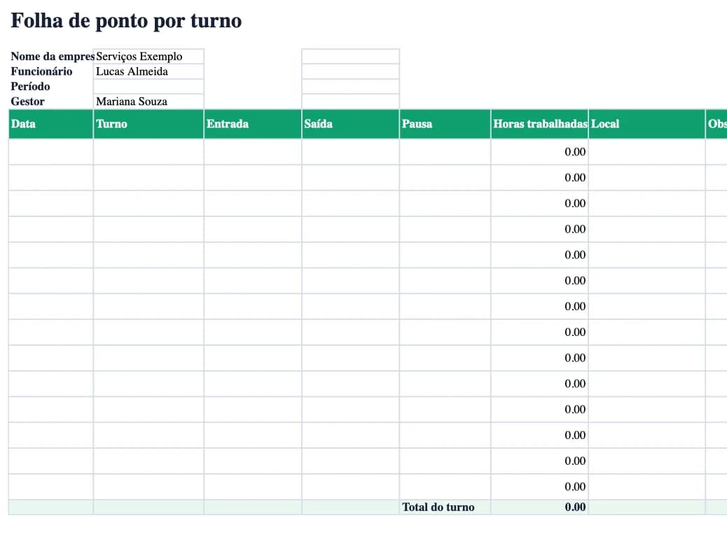 Prévia da folha de ponto por turno em Excel