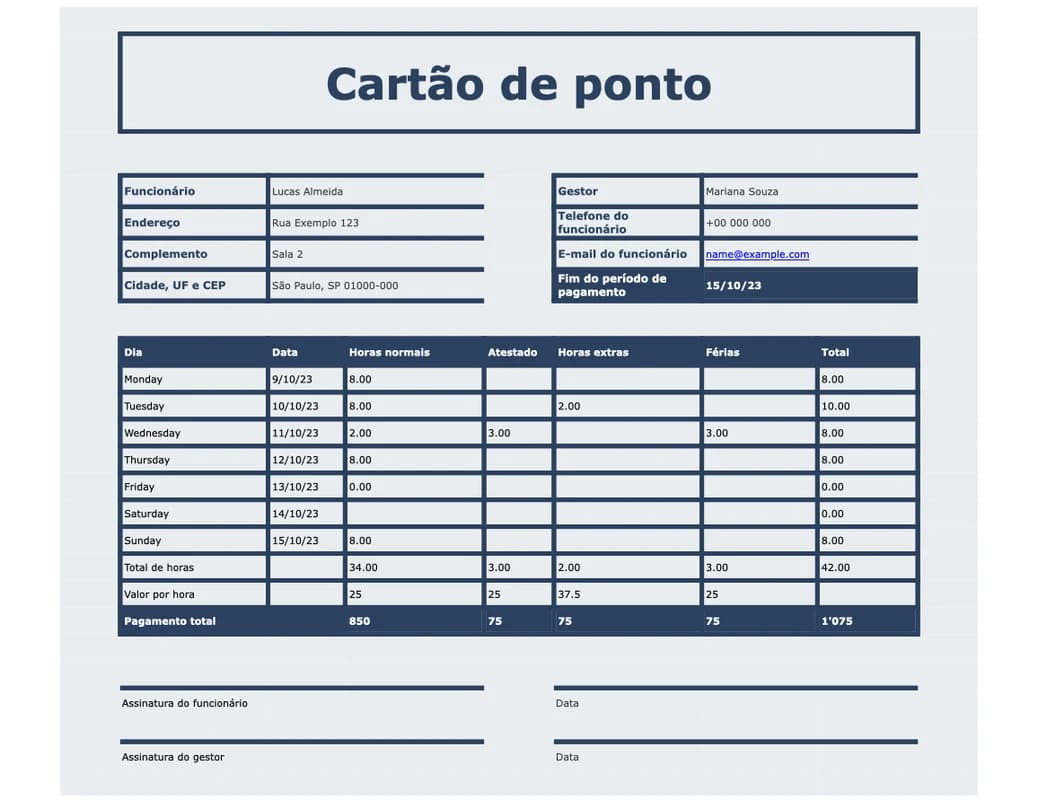 Prévia do modelo de cartão de ponto em Excel