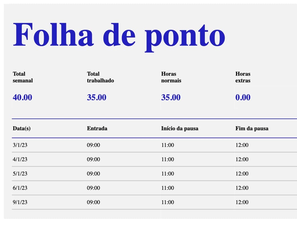 Prévia do modelo de folha de ponto semanal em Excel