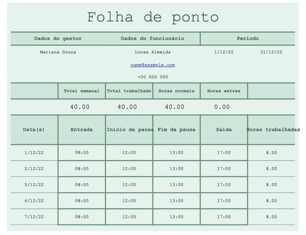 Prévia da planilha detalhada de horas trabalhadas em Excel
