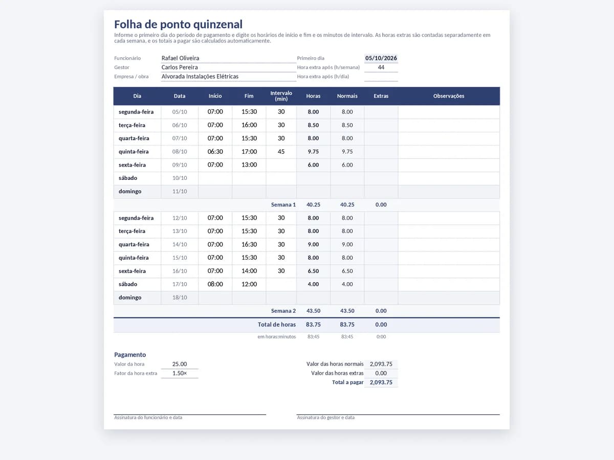 Folha de ponto quinzenal com subtotais da semana 1 e da semana 2 e horas extras