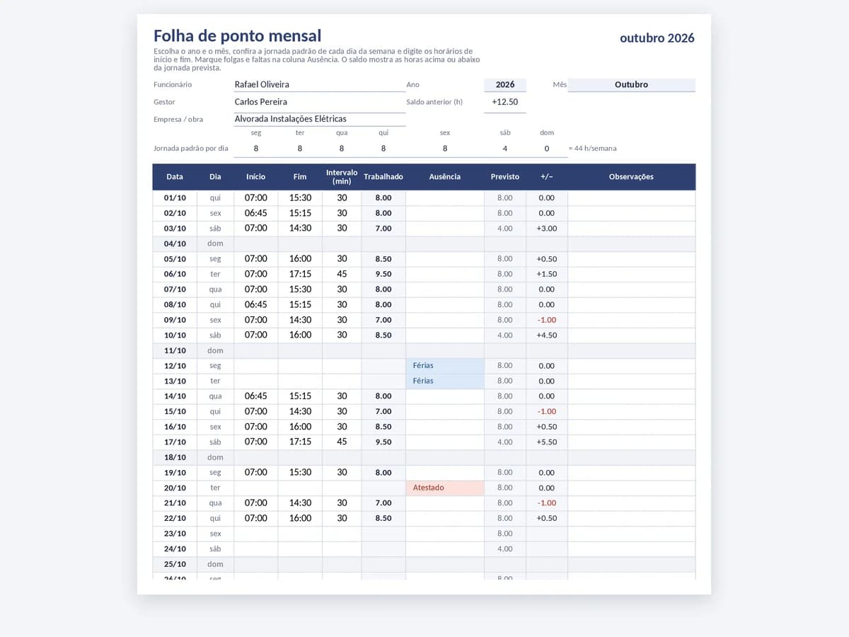 Folha de ponto mensal em Excel com datas, coluna de ausências, horas previstas e saldo de horas
