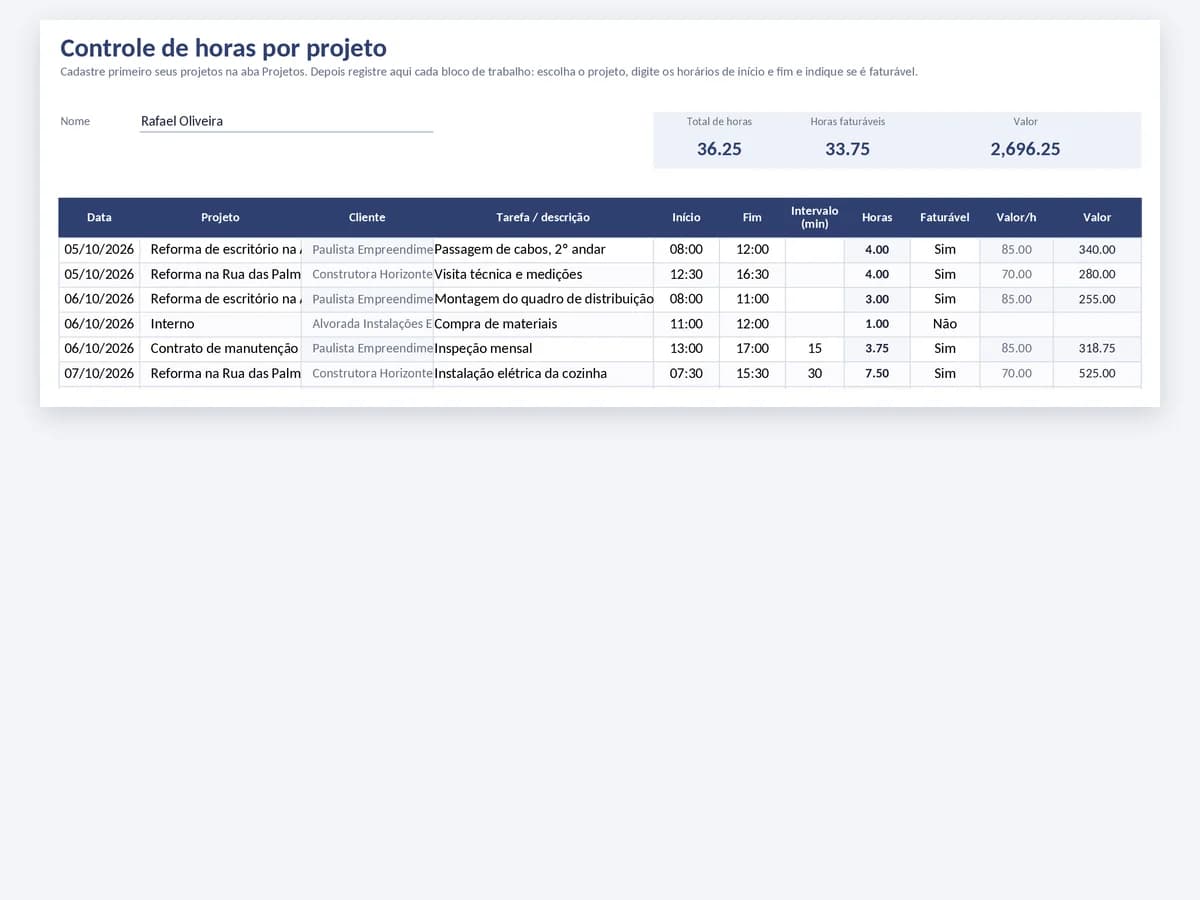 Controle de horas por projeto em Excel com projeto, cliente, tarefa, horas faturáveis e valor