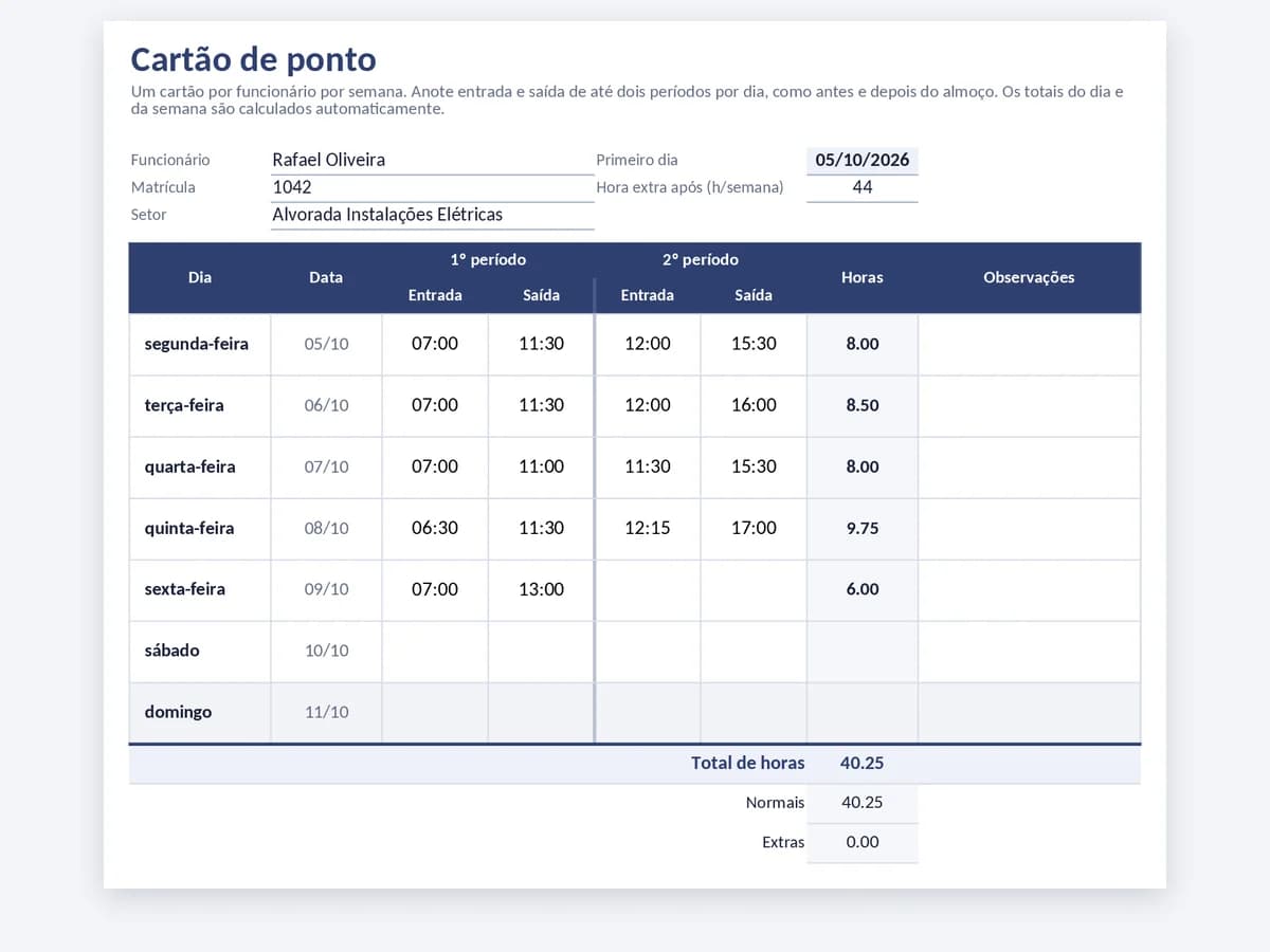 Cartão de ponto semanal com dois períodos de entrada e saída por dia